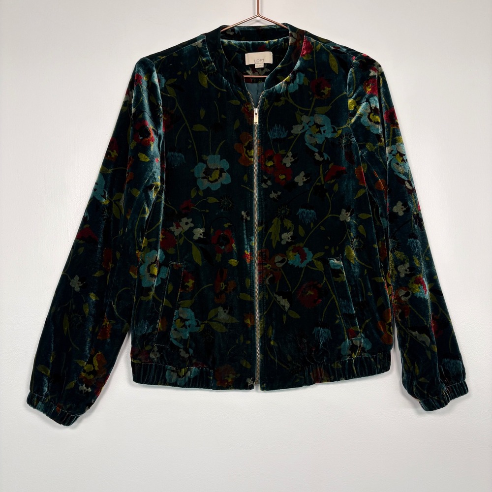 LOFT Women Bomber Jacket XS Teal Floral Velvet Full Zip Bohemian Lightweight